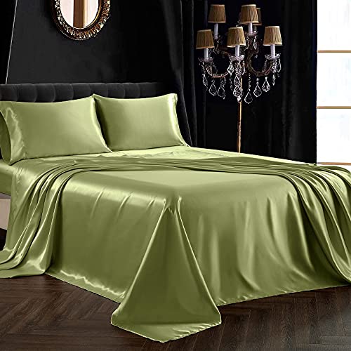 SiinvdaBZX 4Pcs Satin Sheet Set King Size 15-Inch Deep Pocket, Sage Green - Ultra Silky Soft Satin Bed Sheets Similar to Silk Sheets, Includes 1 Fitted Sheet, 1 Flat Sheet, 2 Satin Pillowcases