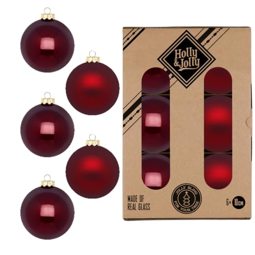 Inge Glas Christmas Baubles 10 cm in Cardboard Box, 6 XL Large Christmas Tree Baubles, Glass Baubles (Smooth Port Wine Red)