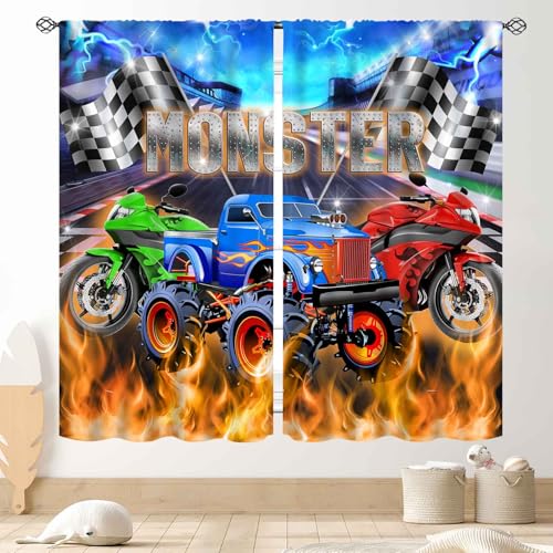 "Racing Car Curtains, Cool Monster Cartoon Truck Buring Flame Colorful Race Stadium Blackout Window Drapery Treatments for Boys Kids Baby Bedroom Living Room Playroom Nursery 2 Panel Set, 42""x45"" Inch"