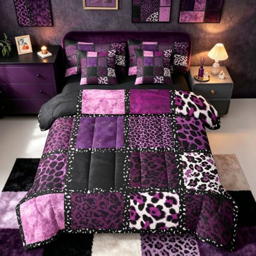 Pink Leopard Print 7 Pieces Bedding Set King Size,Animal Skin Texture Bed in a Bag,Patchwork Geometric Bed Set Includes Comforter,Sheet Set,Pillowcases & Pillow Covers,Farmhouse Bedroom Decor