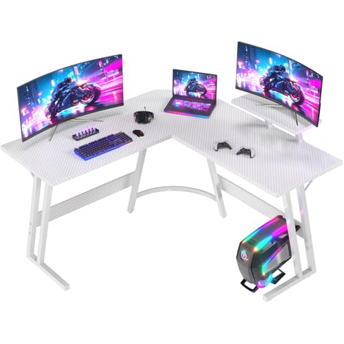 JUMMICO L Shaped Gaming Desk with Large Monitor Stand 120x120x75cm,Corner Desk for Home Office Study Writing Workstation, White