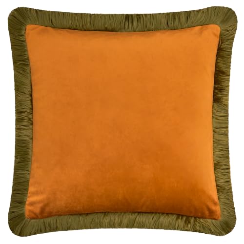 furn. Halo Fringed Velvet Polyester Filled Cushion (Ginger/Olive - 50x50cm) - Soft Colour Block Contrasting Trim Luxury Decorative Pillow