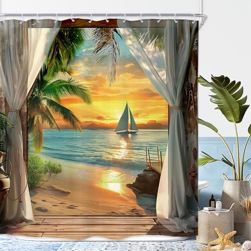 Riyidecor Beach Shower Curtain 72Wx72H Inch Beachy Seaside Ocean Sea Hawaiian Sunset Coastal Tropical Palm Tree Scenery Barn Door Summer Bathroom Decor Fabric Polyester Waterproof 12 Pack Hooks
