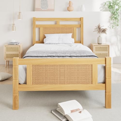 Ball & Cast Wooden bed, 3ft single bed 90×190cm, MDF with rattan paper, Sturdy bed slats, Pine+MDF+Plywood, Wood colour