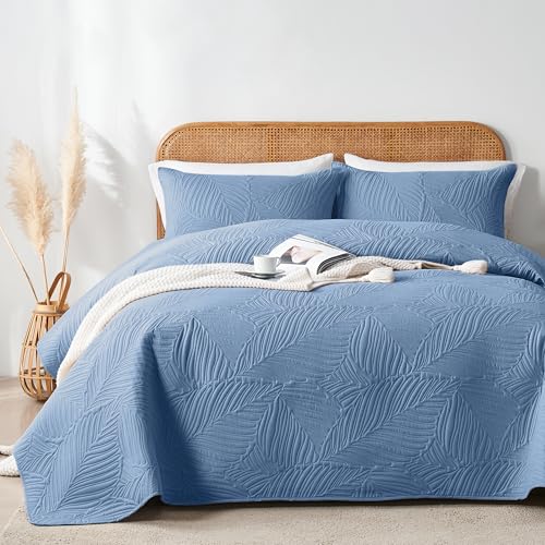 OARAGE Twin Quilt Bedding Set Bluish Grey Soft Lightweight Bedspread with Leaf Pattern Ultrasonic Microfiber Bed Coverlet for All Season (1 Quilt,1 Sham)