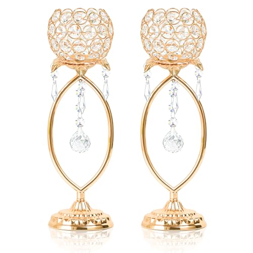kehail 2 Pcs Elegant Metal Crystal Tea Light Candle Holders with Crystal Pendants, Hollow Design - Wedding Table Centerpieces for Anniversary Birthday Party, Home Decor (2, Gold)