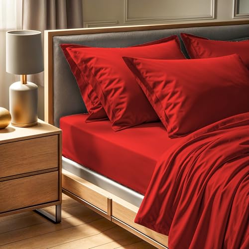 Premium Ranforce Super King Fitted Sheet (180 x 200 + 30 cm), 100% Cotton, 145 Thread Count, Machine Washable at 30°C, Vibrant Red Colour for Luxurious Comfort