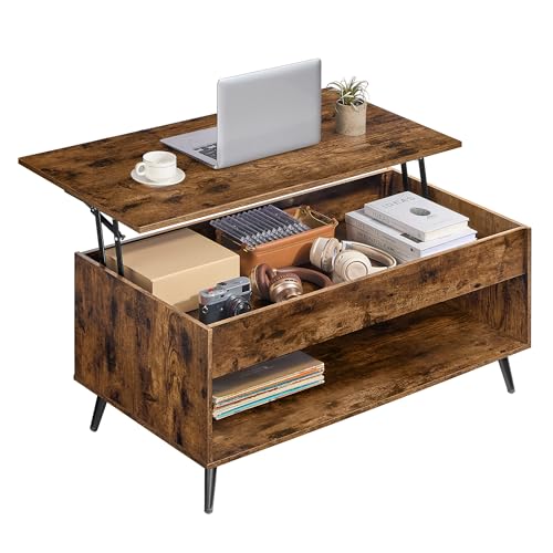 VASAGLE Lift Top Coffee Table, Lift Tabletop Dining Table, Gas Spring, Hidden Compartment, Open Storage Shelf, for Living Room, Home Office, Rustic Brown and Matte Black LCT267KD01