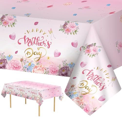 3 Pcs Happy Mothers Day Tablecloth Plastic - Pink Flowers Table Cloths, Love Mother Day Rectangle Floral Table Cover for Happy Mother's Day Tables Decorations Party Supplies Favors, 54x108 Inch
