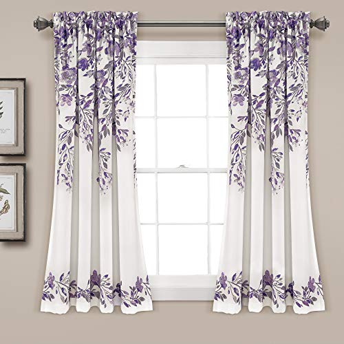 "Lush Decor Tanisha Curtains Room Darkening Floral Vine Print Design Window Panel Set (Pair), 52"" W x 63"" L, Purple & Gray"