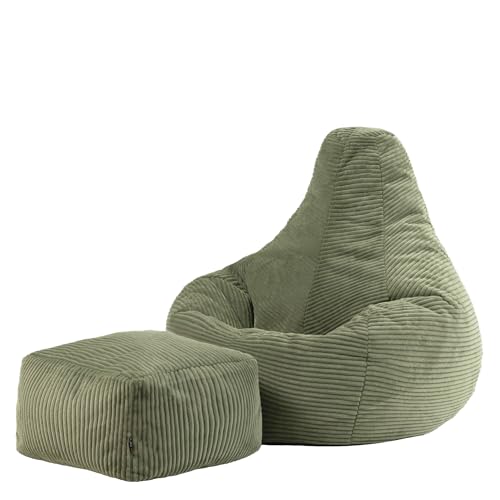 icon Dalton Cord Bean Bag Chair with Footstool, Sage Green, Large Adult Bean Bag with Filling Included, Comfy Chair, Living Room Furniture, Bedroom Furniture