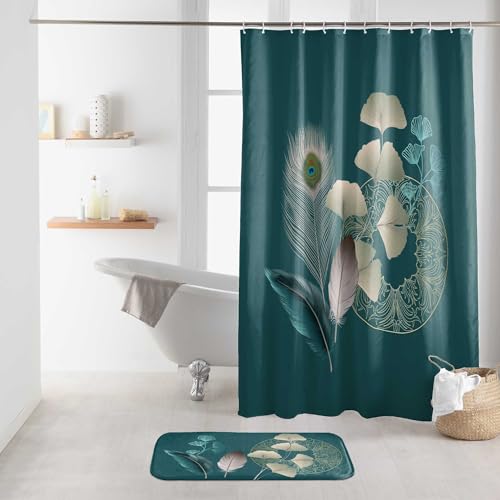 Douceur d'Intérieur Shower Curtain with Hooks 180 x 200 cm Polyester Ginkoblue Design Square