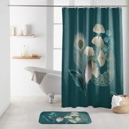 Douceur d'Intérieur Shower Curtain with Hooks 180 x 200 cm Polyester Ginkoblue Design Square
