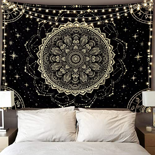 FLY SPRAY Black Golden Mandala Tapestry Astrology Space Wall Hanging Tapestries Wall tapestrys Large Aesthetic Hippie Decor Bohemian Art Boho Home Talestry for Bedroom,Living Room,Ceiling