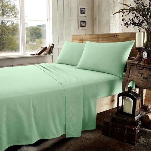 GC GAVENO CAVAILIA Flannelette Sheet Set - 3 Piece Bedding Single Bed - Brushed Cotton Plain Fitted Sheet - Printed Flat Sheet With Matching Pillow Case - Sage Green