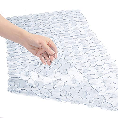 WELTRXE Non Slip Bath Mat Pebbles Bathtub Mat with Suction Cups, Drain Holes for Bathroom Showers, Tub, 35 x 16 Inches Machine Washable Bathroom Mats BPA, Latex Free Safe Shower Mats - Clear