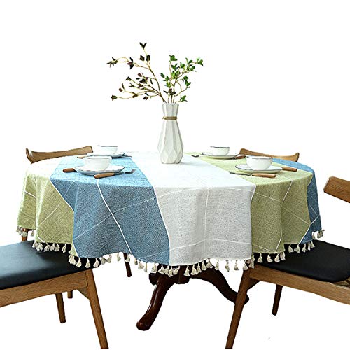 "Heavy Weight Cotton Linen Tablecloth, Plaid Tassel Round Table Cover for Kitchen Dining Room Tabletop Decorations, Round - 70"", Blue Green"
