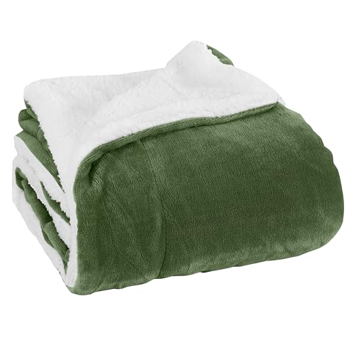 Elegant Comfort Luxury Ultra-Plush Velvet Touch Fleece Throw Soft, Warm, Cozy- Micromink Sherpa-Backing Reversible Blanket for Bed, Sofa and Couch, Solid Sage
