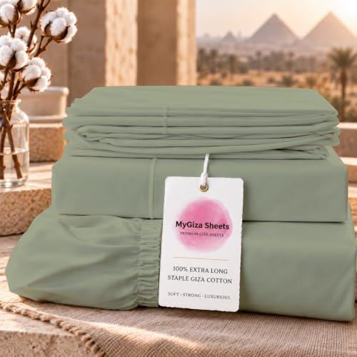 MyGiza Sheets,100% Certified Giza Egyptian Cotton Sheets-Full Size Giza Cotton Sheets Set to Fit Upto 15 Inches Deep Mattress (4 Pcs) Sage