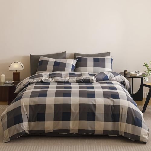 Luxlovery Checkered Navy Blue Comforter Set Twin Gingham Plaid Comforter Boys Kids Bedding Set Fluffy Soft Grid Khaki and Blue Blanket Quilts with 2 Pillowcases