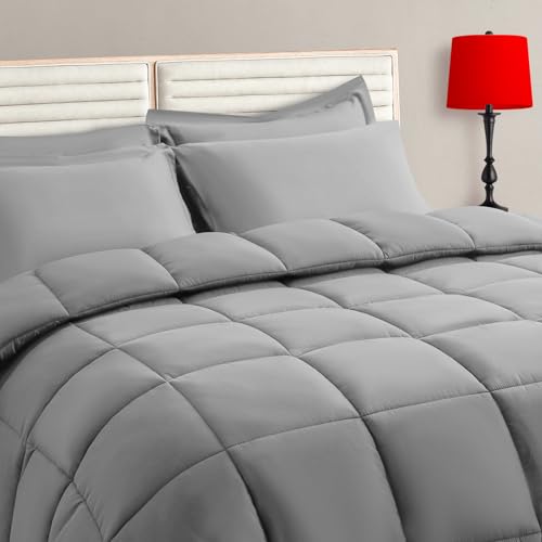 TAIMIT Grey Twin Size Comforter Set - 5 Pieces, Bed in a Bag Bedding Sets with All Season Soft Quilted Warm Fluffy Reversible Comforter,Flat Sheet,Fitted Sheet,1 Pillow Shams,1 Pillowcases,Gray