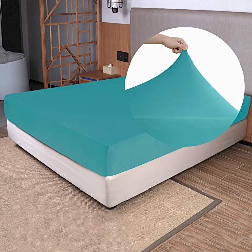"Soft Stretch Twin Size Fitted Sheet Only - 4-Way Stretchy Jersey Knit, T-Shirt Feeling & Ultra Soft, Wrinkle Free, Non-Slip & Snug Fit for Mattress (Deep: 5""-16"") - Turquoise, Twin"