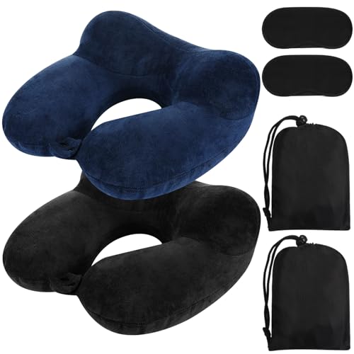 Sintuff 2 Pack Inflatable Travel Pillow for Airplanes Inflatable Neck Flight Pillows with Compact Bag and Blindfold for Traveling, Airplane, Train, Car, Office(Black and Blue)