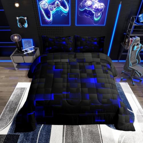 Erosebridal Black Navy Royal Blue Comforter Set Queen Neon Geometric Checkered Bedding Set for Teen Boys Gamer Room Decor,Abstract Stereoscopic Grids Quilt Square Plaid Check Bed Set 3 Pcs