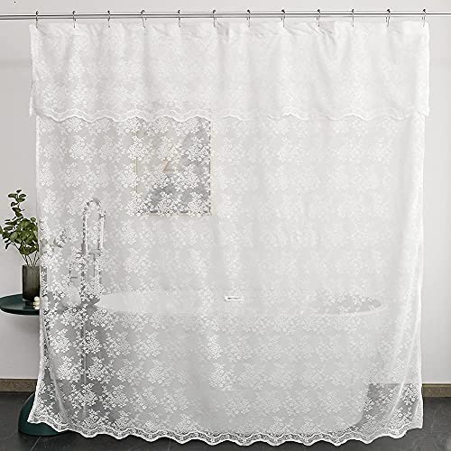 YJ YANJUN White Lace Shower Curtain - Victorian Shower Curtain with Attached Valance, Floret Lace Shower Curtain for Bathroom Scalloped Edge, 72 x 72 Inch, 1 Panel