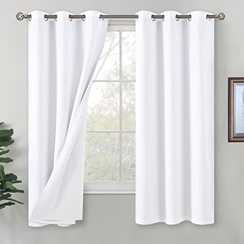 BGment White 100% Blackout Curtains for Bedroom with White Liner, Double Layer Thermal Insulated Full Room Darkening Noise Canceling Curtains for Quality Sleep, 2 Panels, Each 42 x 63 Inch