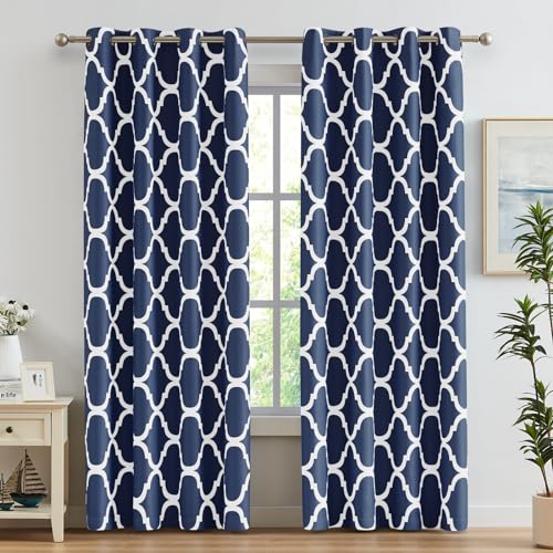 "Melodieux Navy Blue Moroccan Room Darkening Blackout Grommet Curtains 72 Inches Long for Living Room Bedroom, 52"" W x 72"" L, 2 Panels"