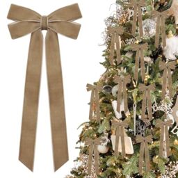 12Pcs Neutral Velvet Ribbon Bows Christmas Tree Decorations,5in x 10in Vintage Xmas Ornaments for Tree Home Party Front Door Wreath Garland Holiday Decor