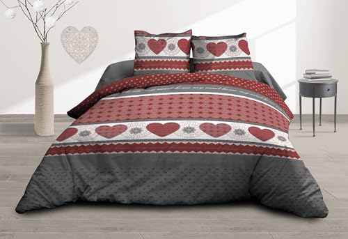 Le linge de Jules Duvet Cover 220 x 240 cm + 2 Pillowcases – Pure Cotton 57 Thread Count – Red Hearts
