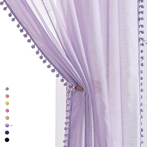 "Treatmentex Pom-Pom Sheer Curtains for Kid's Room, 63"" Linen Textured Volie Window Curtain Panels Lilac 52"" w 1 Pair"