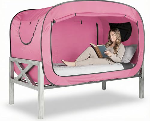 Pop Up Privacy Tent for Indoor Use Bed Canopy for Sleeping Bed Tent Double Door with Mosquito Mesh Window -Twin/Pink