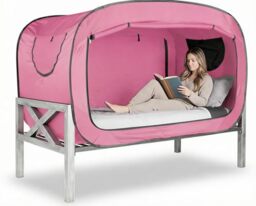 Pop Up Privacy Tent for Indoor Use Bed Canopy for Sleeping Bed Tent Double Door with Mosquito Mesh Window -Twin/Pink