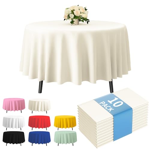 Fixwal 10-Pack Premium Plastic Tablecloth 84in Round Plastic Table Cover -Ivory