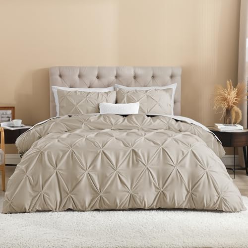 Litanika Oatmeal King Duvet Cover, 3 Pieces Pinch Pleat Cover - Soft Polyester, Pintuck Bedding Set with Zipper Closure & Corner Ties(1 Duvet Cover, 2 Pillowcases)