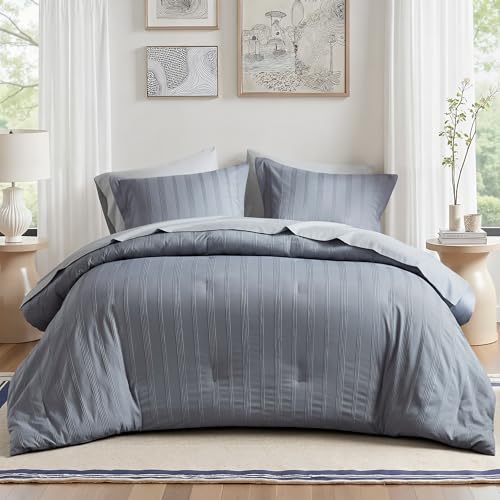 Madison Park Essentials Striped Comforter Set Cal King, 7 Pieces Modern Minimalist Jacquard Bedding Set for All Season, Bed in A Bag with Sheet Set and Soft Brushed Reverse, Lightweight Blue/Grey
