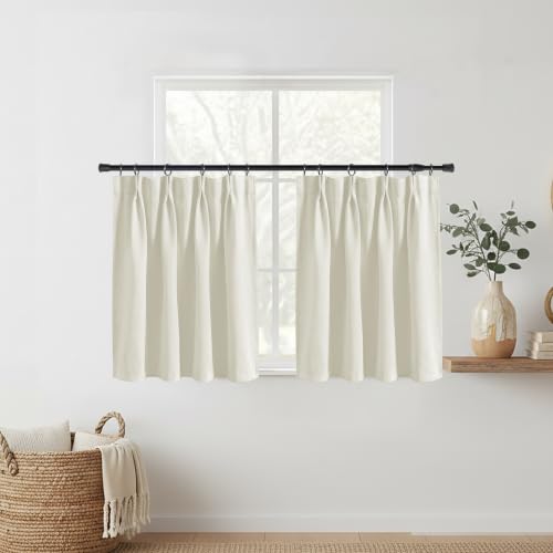 Lino Rosa Cream Blackout Small Window Curtains for Kitchen,Pinch Pleat Cafe Curtains 18 Inches Long for Bathroom