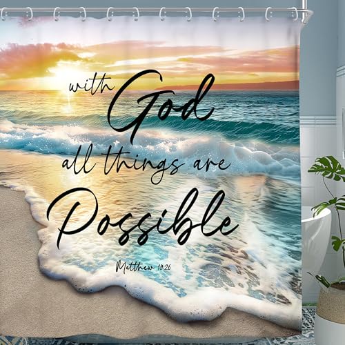 Riyidecor Extra Long Beach Ocean Bible Verse Shower Curtain Sunrise Sunset Scripture Christian Inspirational 72Wx78H Inch Coastal Seaside Fabric Decor Bathroom Polyester Waterproof 12 Pack Hooks