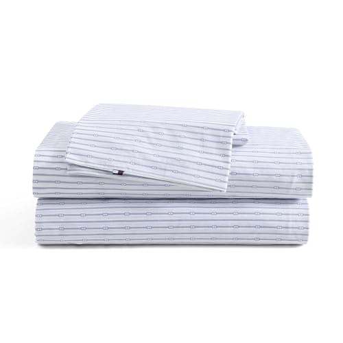 Tommy Hilfiger - Sheet Set, Cotton Percale Bedding with Matching Pillowcases, Crisp & Cool, Premium Quality Home Essentials (Monogram Stripe Blue, Twin XL)