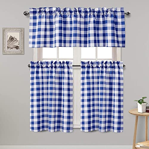 Hiasan Semi Sheer Plaid Tier and Valance Curtains Set Light Filtering Buffalo Checkered Kitchen Curtains, Royal Blue, Set of 3 Pieces, 60 W x 18 L (1 Panel) + 29 W x 36 L (2 Panels)