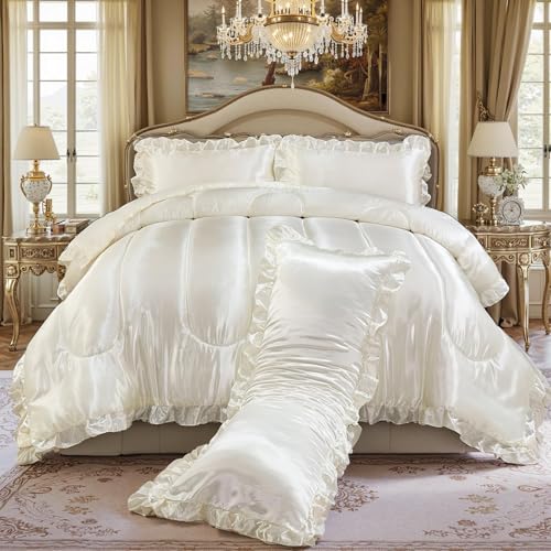Satin King Comforter Silk Like Bedding 4 Pcs Hotel Soft Polyester White Bed Set Luxury Silky Body Pillow Cover Ruffle Home Decor