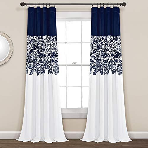 "Lush Decor Navy Estate Garden Print Curtains Room Darkening Window Panel Set for Living, Dining, Bedroom (Pair), 95” Long x 52” Wide, 95"" x 52"""