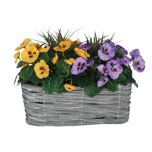 GreenBrokers Artificial Grey Rattan Window Box with Purple & Yellow Pansies and Decorative Grasses