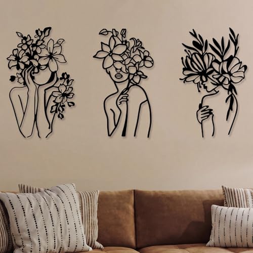 Photect 3 Pcs Metal Wall Art Decor Minimalist Abstract Woman Wall Art Metal Modern Line Drawing Decor Female Single Line Home Hanging for Bedroom Bathroom Living Room Housewarming (Woman,Black)