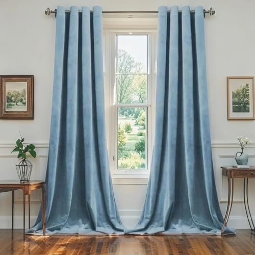 SMILETIME Sky Blue 63 in Long Velvet Curtains with Grommet, Super Soft Privacy Noise Reducing Light-Filtering Velvet Drapes for Living Room Bedroom, 2 Panels, 52 x 63 inches