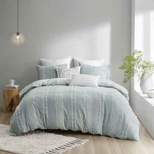 "INK+IVY Kara 100% Cotton Duvet Mid Century Modern Stripe Jacquard Design Reverse to Diamond Print, All Season Comforter Cover Bedding Set, Matching Shams, Full/Queen(88""x92""), Aqua 3 Piece"