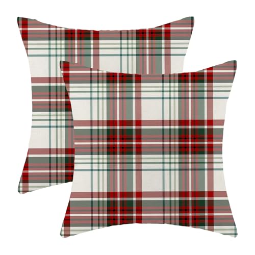 Christmas Pillow Covers 18x18 Inch Set of 2 Red Green Buffalo Plaid Throw Pillows Case,Checkered Xmas Winter Outdoor Decorative Farmhouse Decor Cushion Covers for Sofa Bed Couch